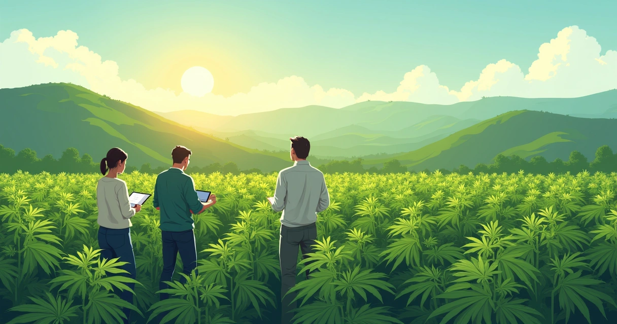 Pesquisadores em campo de cultivo de cânhamo analisando mudas 