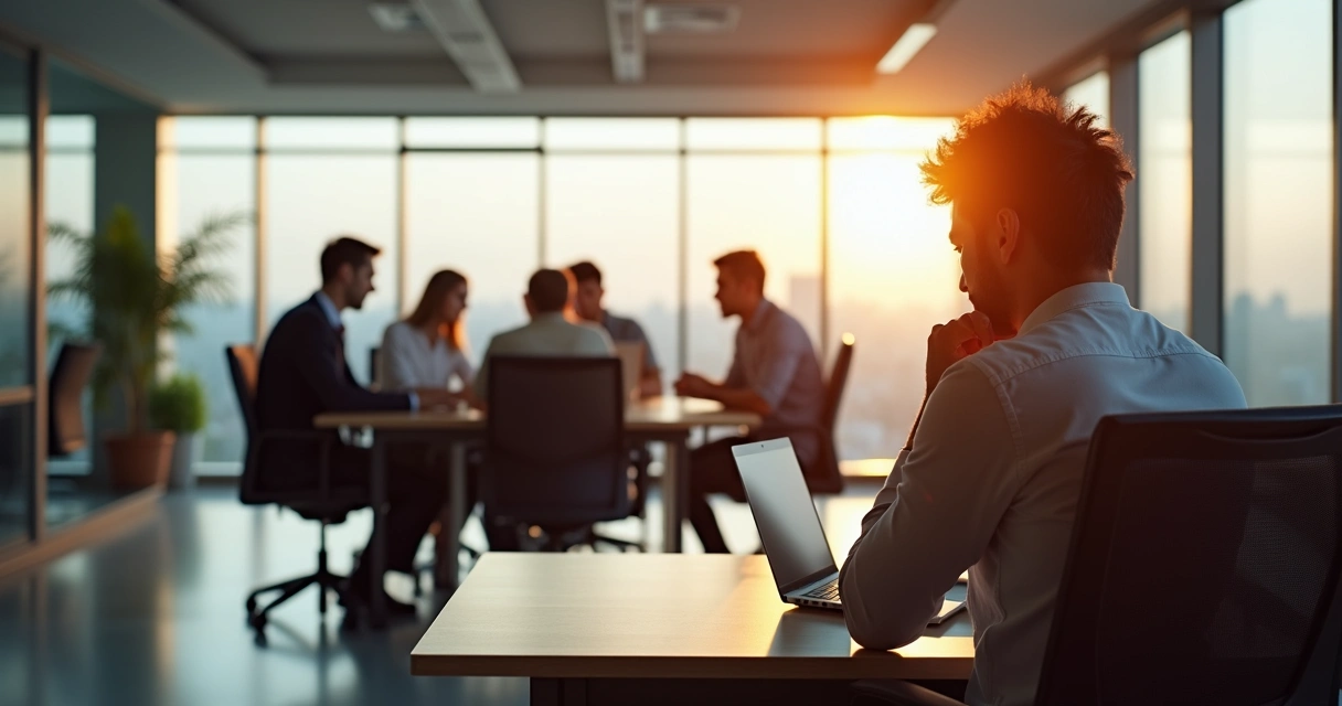 Person sitting apart in an office, head down, team collaborating in background 