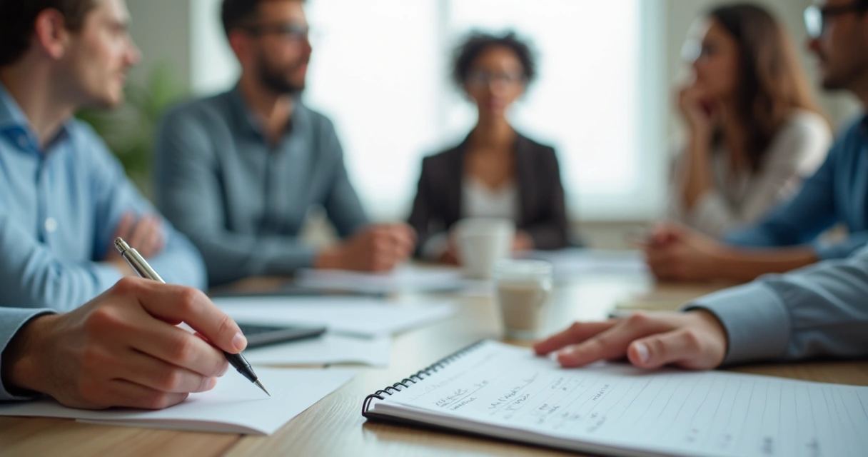Manager reviewing team interaction notes during a meeting 
