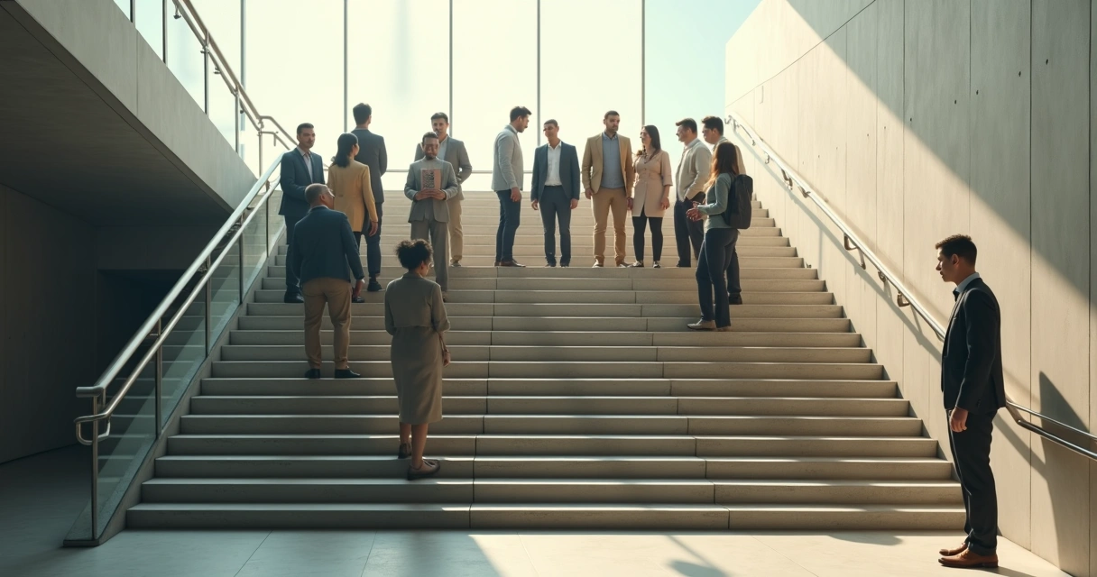 Person on staircase landing watching group rearrange themselves on steps 