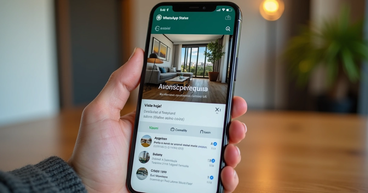 Status do WhatsApp mostrando anúncio de imóvel em destaque 