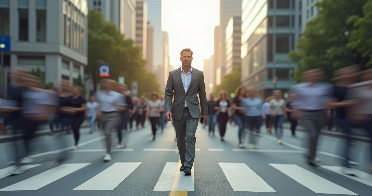 Calm leader walking steadily through a blurred moving crowd 