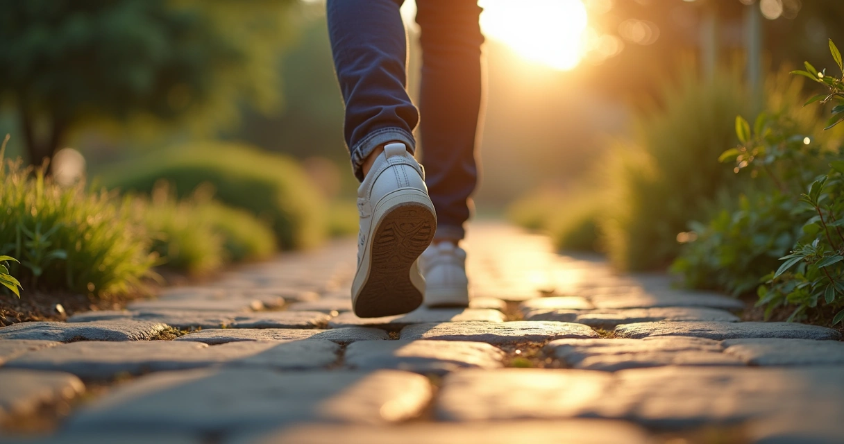 Feet walking steadily on a stone path