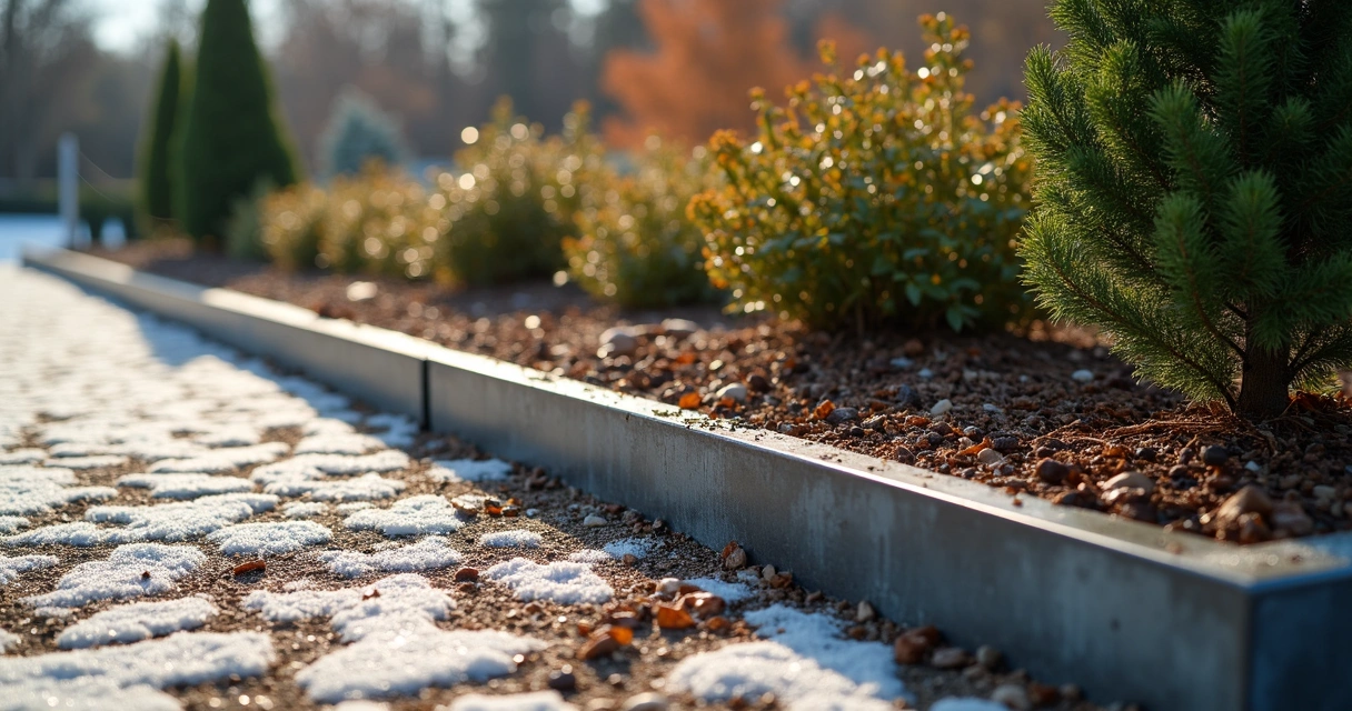 Steel garden edging with frost and mulch in winter border