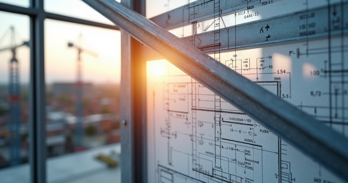Close-up of a steel truss with technical blueprints and engineering calculations overlaid 