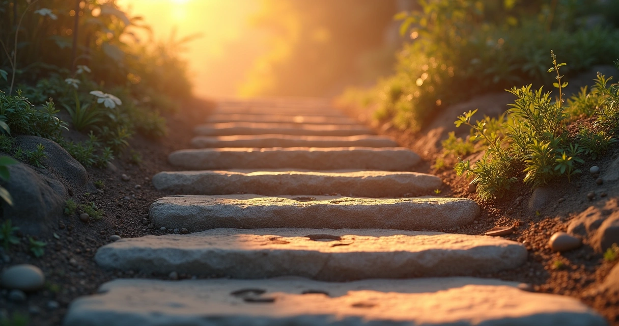 Steps with footprints moving upward, each step with different colored light 