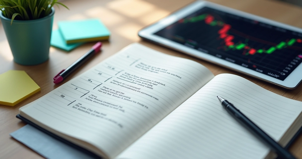 Checklist and notebook with trading strategy steps 