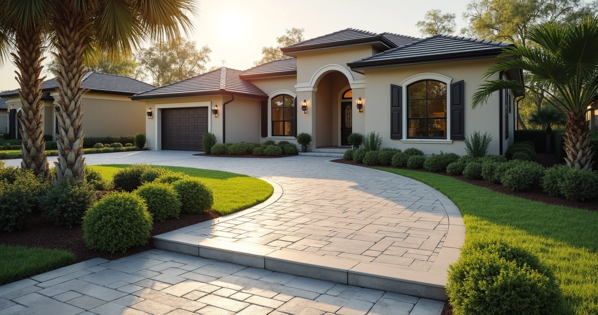 Step-free front entrance with smooth concrete and natural landscaping 