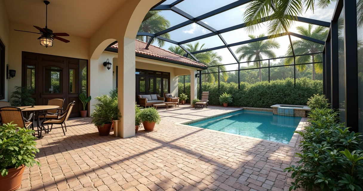 Step-free pathway blending into a screened lanai patio 