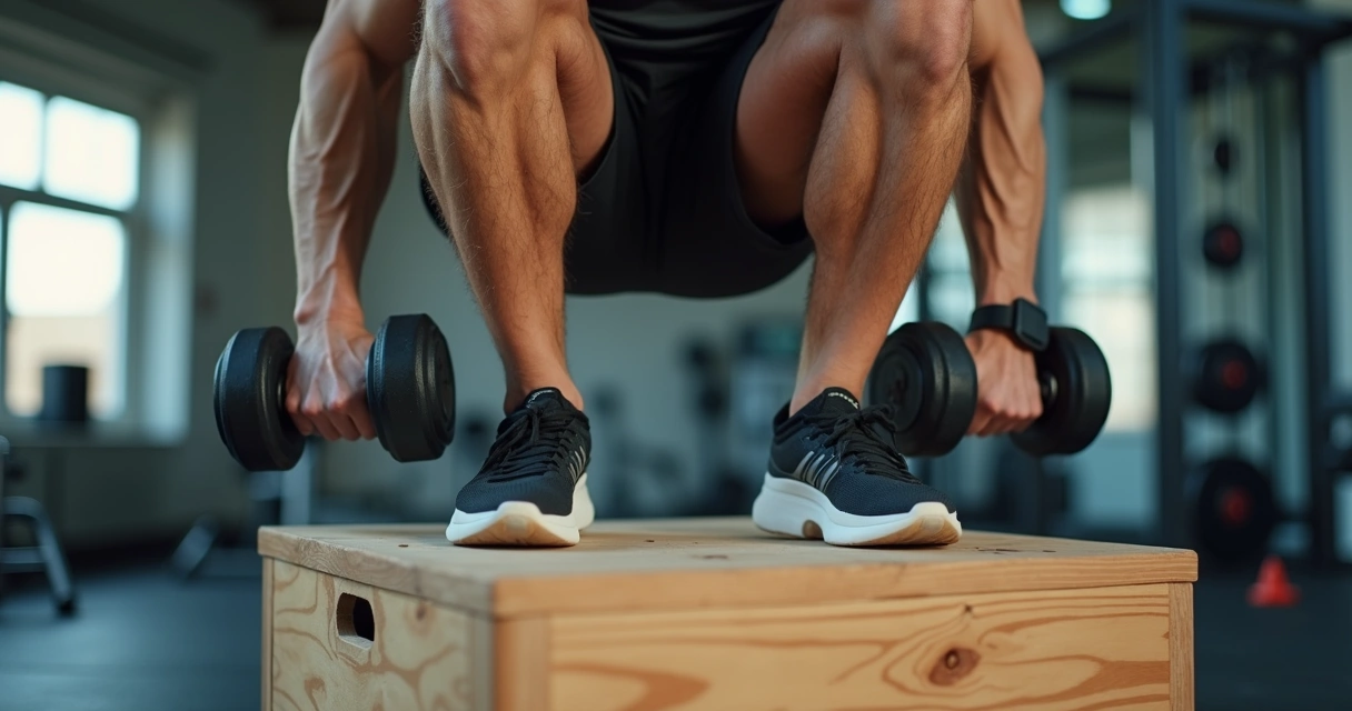 Pessoa executando step-up, subindo em banco com halteres 