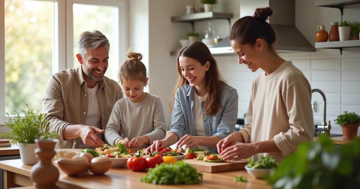 Blended family cooking together in a bright kitchen, smiling and sharing tasks 