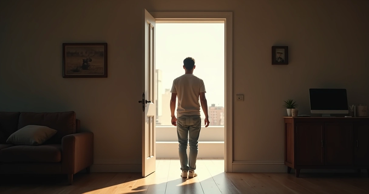 Person stepping through a doorway from a dark room into a brightly lit open space 