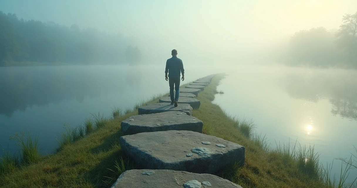 Person walking on stepping stones across a misty lake, moving from the shore into the unknown 