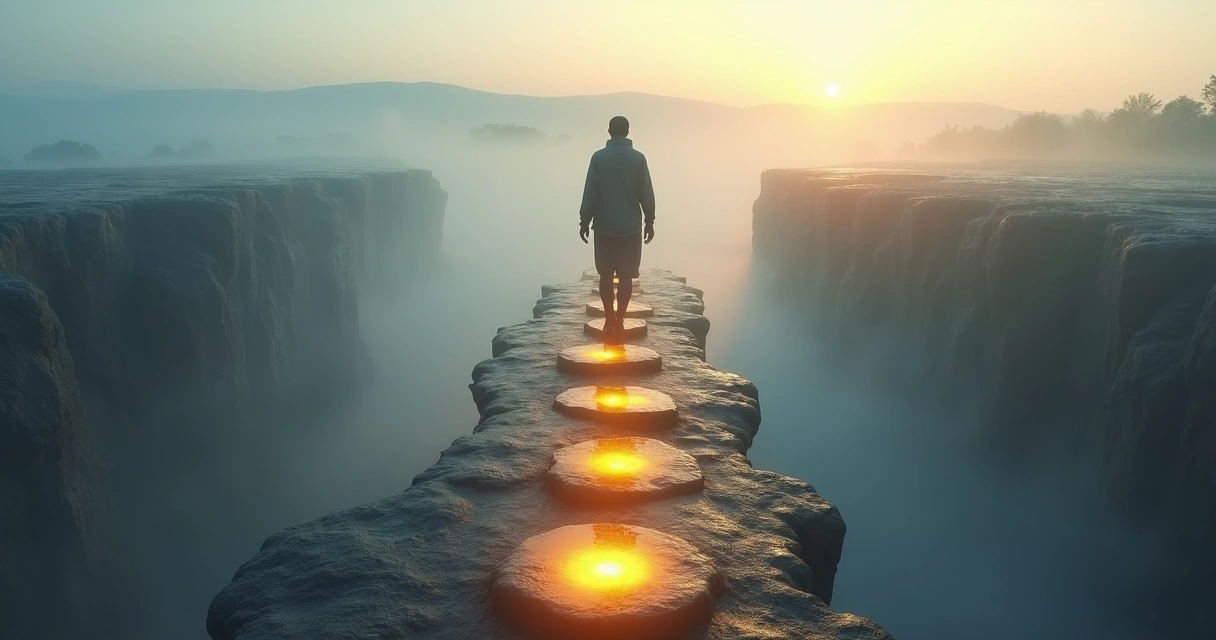 Person crossing glowing stepping stones over a misty gap 