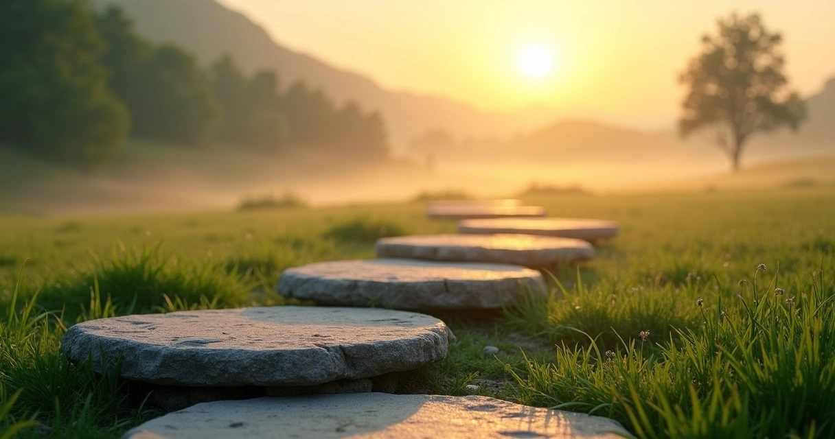 Stone path leading through calm sunrise landscape