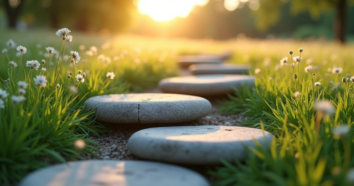 Steps on a stone pathway in a natural setting 