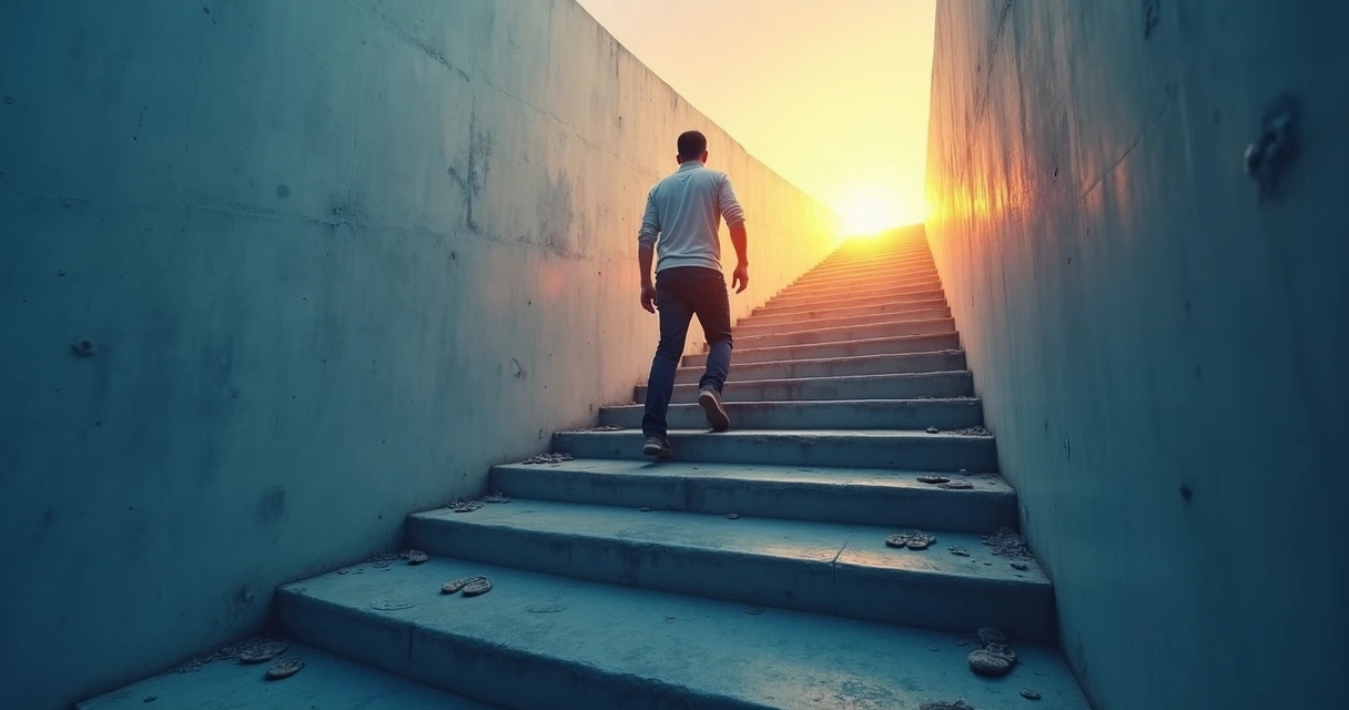 Person taking steps toward a bright goal in the distance