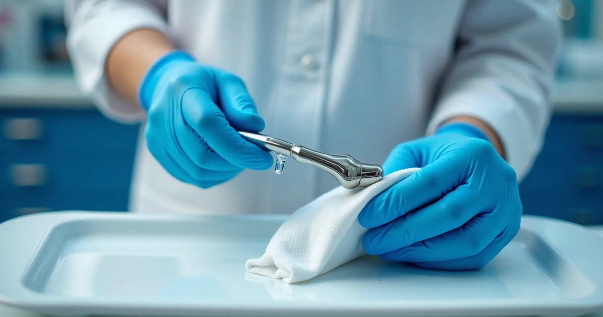 Profissional limpando equipamento médico com álcool e luvas 