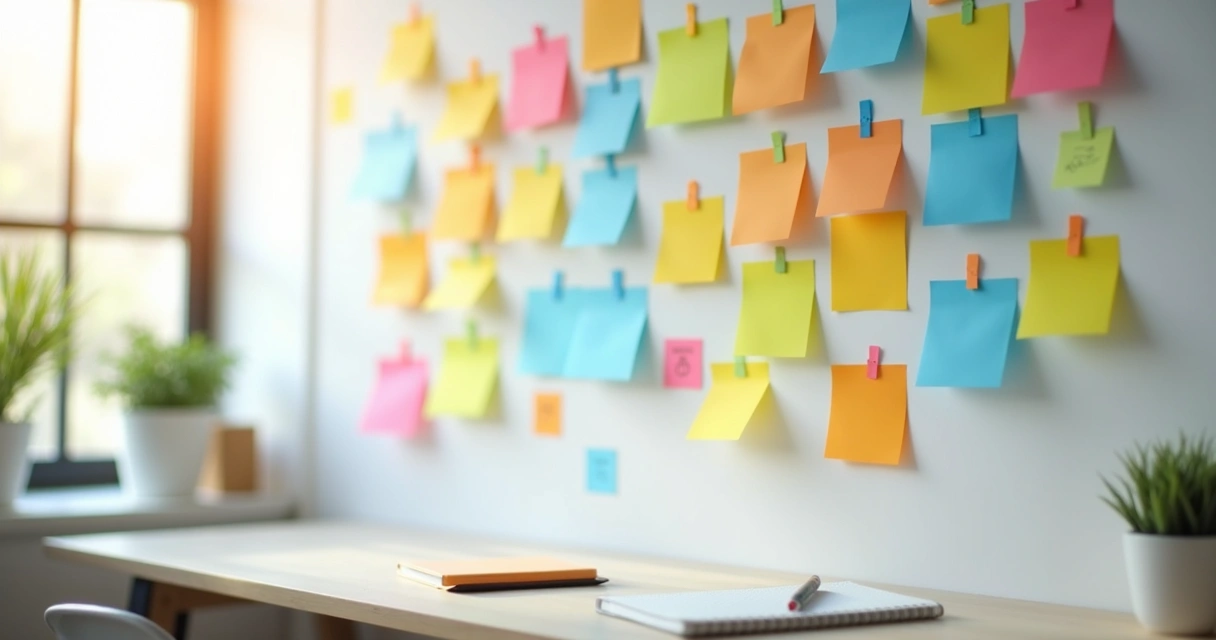 Wall with colorful sticky notes arranged for brainstorming