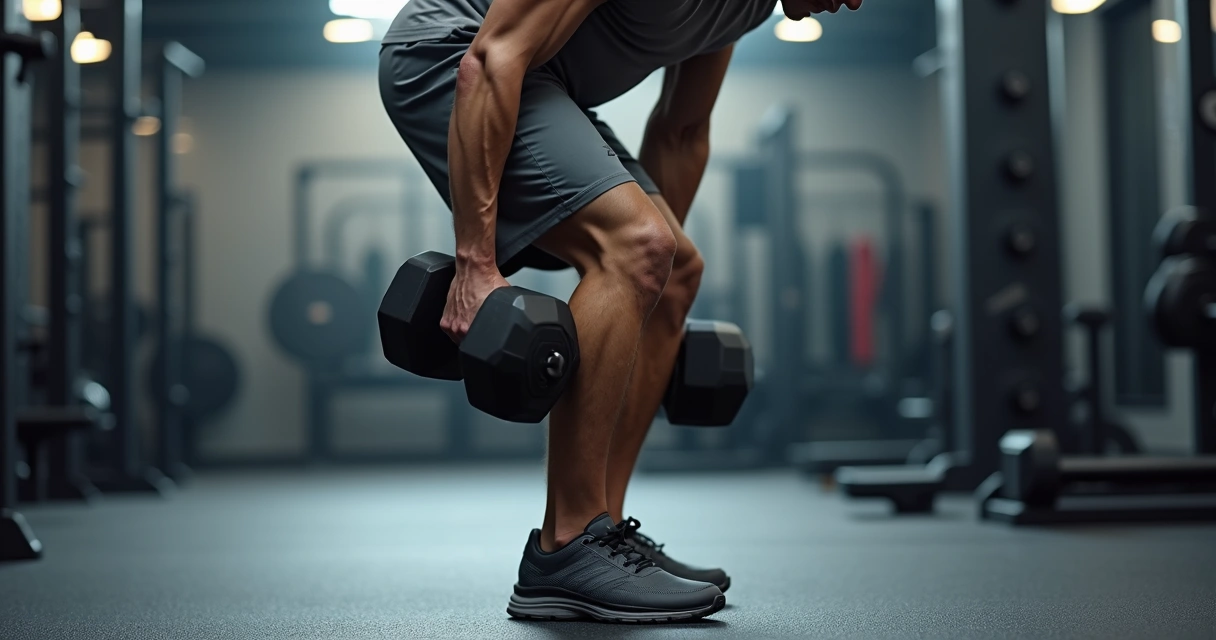 Pessoa executando stiff com halteres em vista lateral na academia 