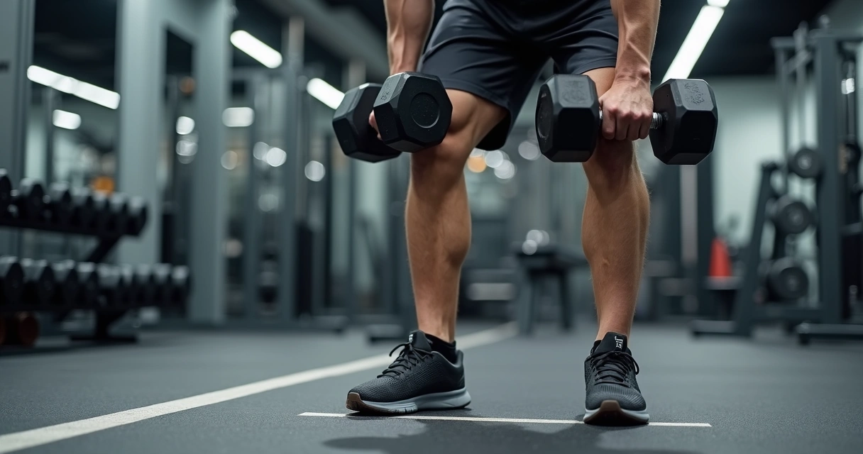 Pessoa fazendo stiff com halteres destacando postura de coluna neutra 