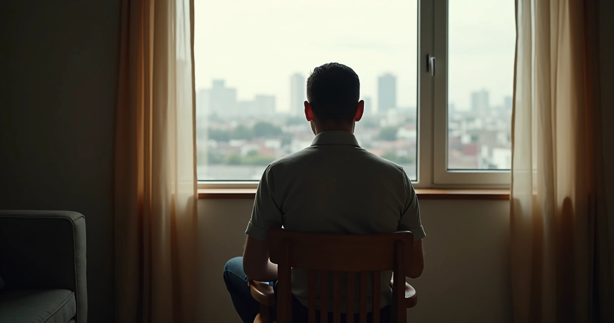 Person sitting quietly by the window with soft natural light 