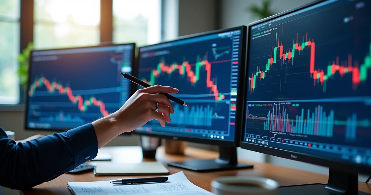 Multiple monitors showing live stock charts in a trading office 