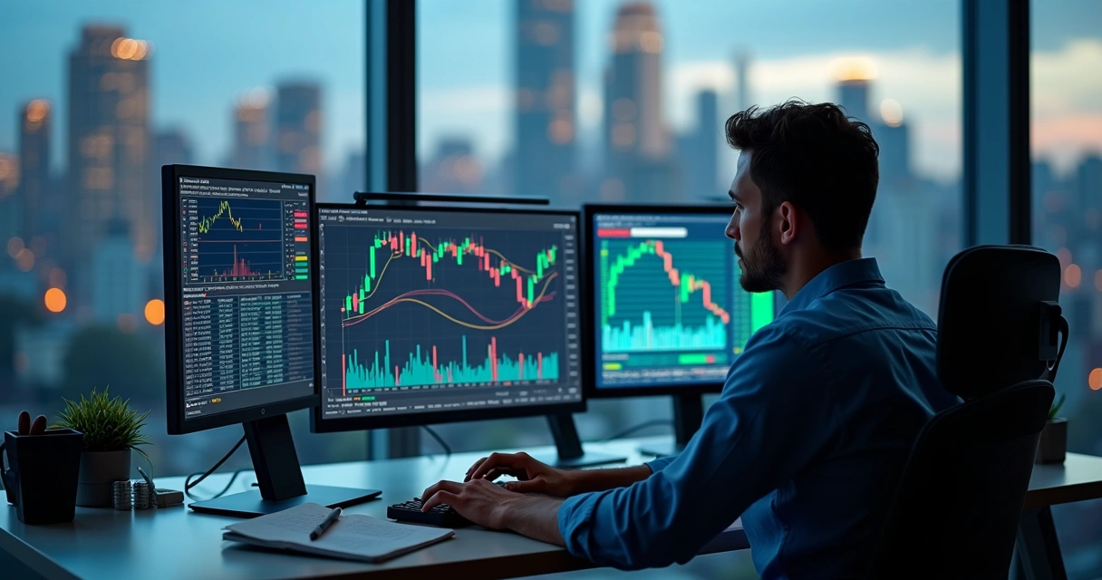 Financial analyst at desk with multiple screens showing charts