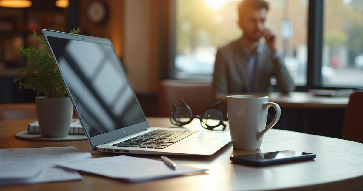 Business laptop left unlocked on a coffee shop table 