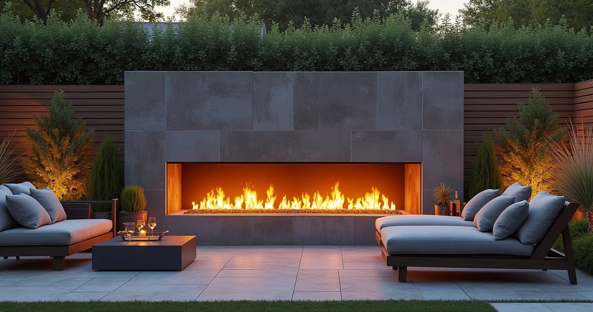 Stone fireplace on patio with seating and evening lighting 