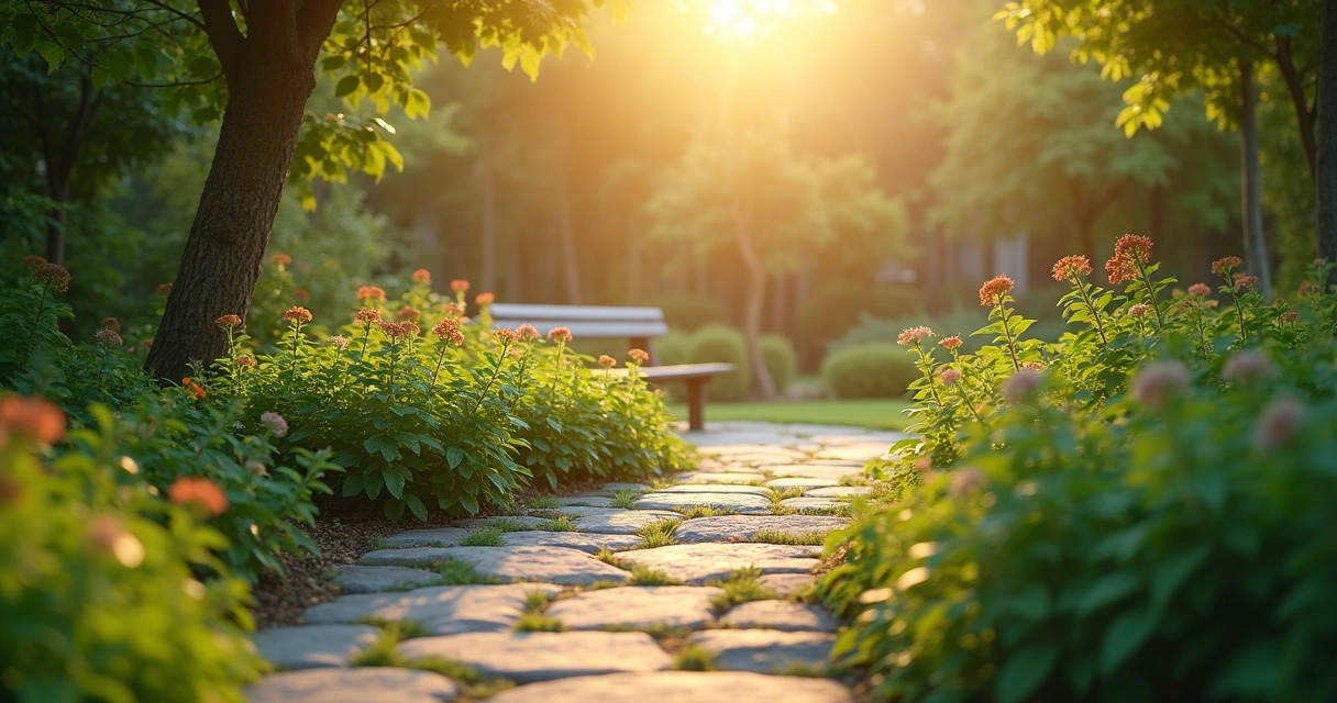 Stone path through a quiet garden at sunrise