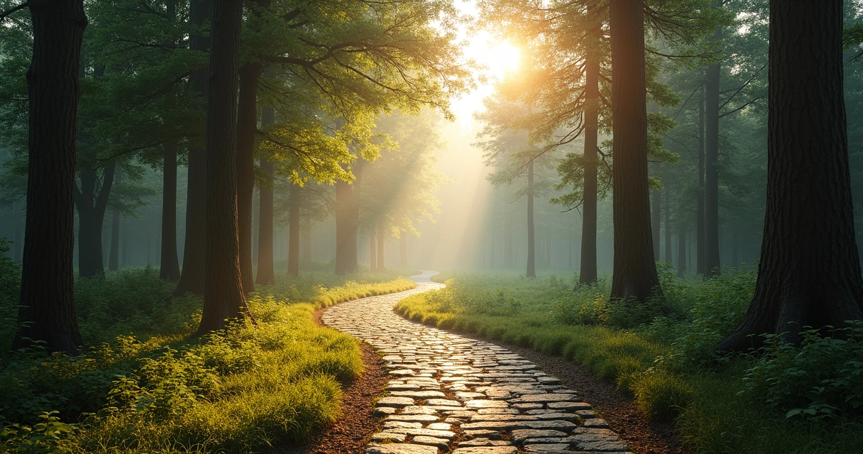 Stone path through a quiet forest with light filtering through trees