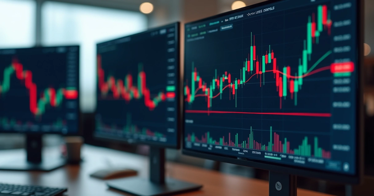Tela de computador exibindo gráfico de criptomoedas com linha de stop loss destacada em vermelho e interface de plataforma automatizada de trading 