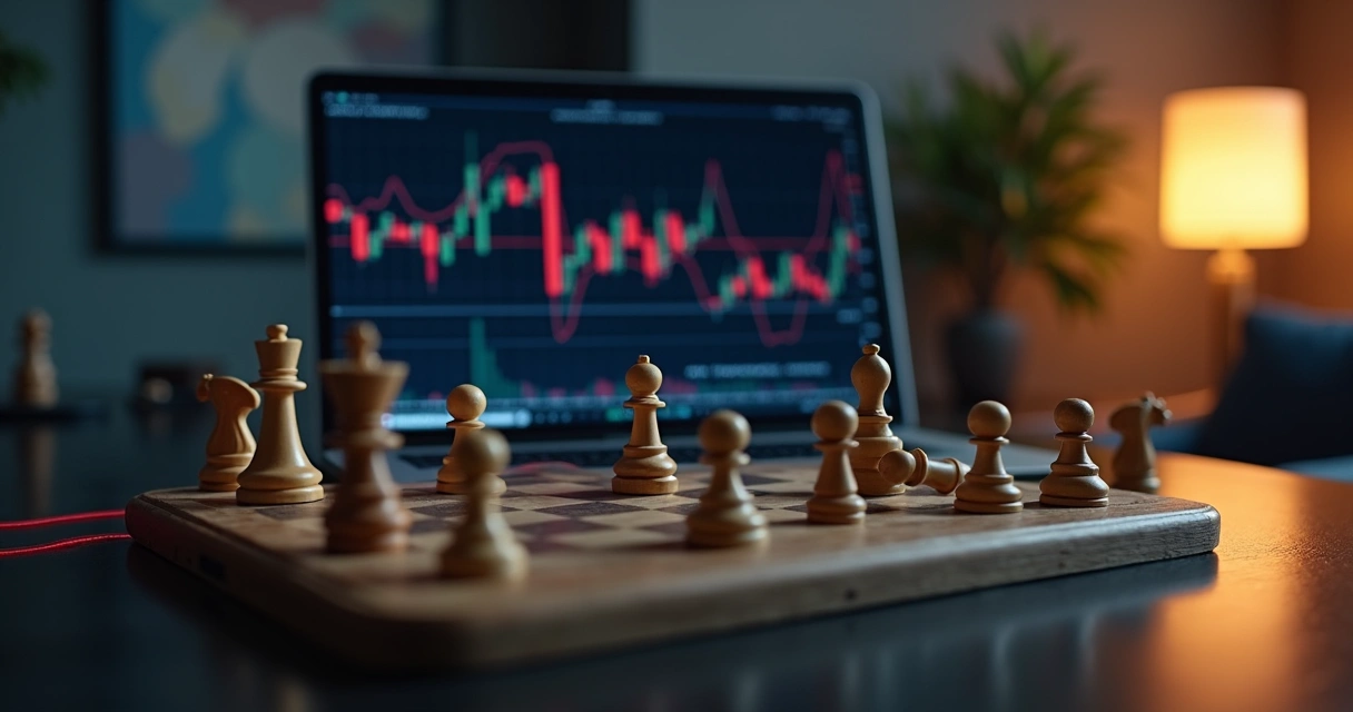 Tabuleiro de xadrez com peças caindo diante de gráfico financeiro em tela 