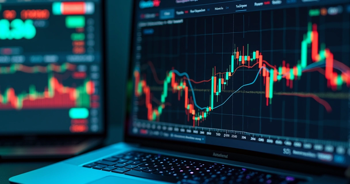 Tela de computador com gráficos financeiros mostrando stop loss manual e automático em uma plataforma de trading de criptomoedas 