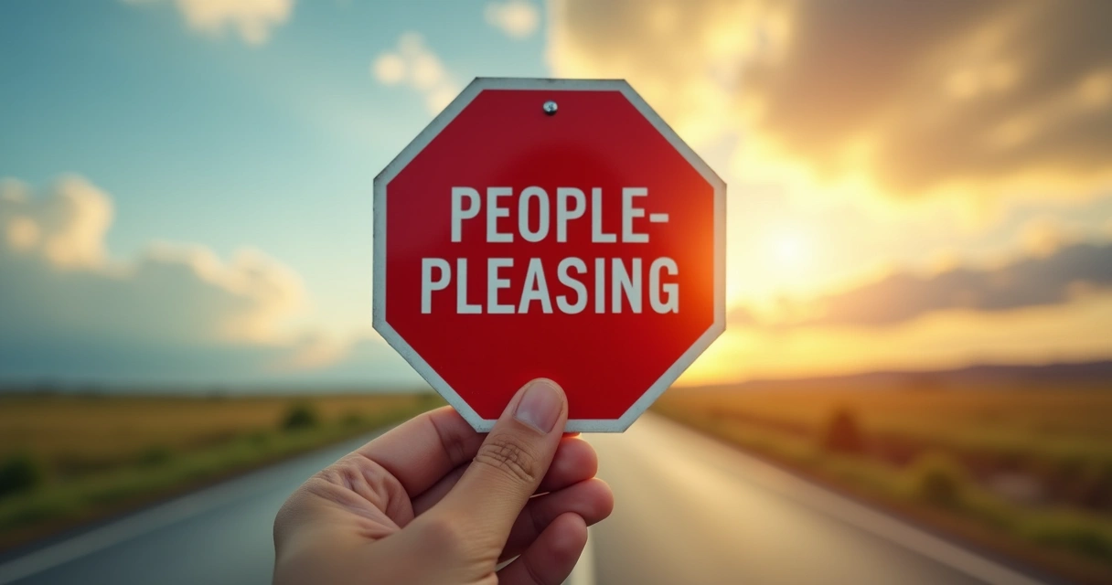 Hand holding a stop sign with the words people-pleasing written on it
