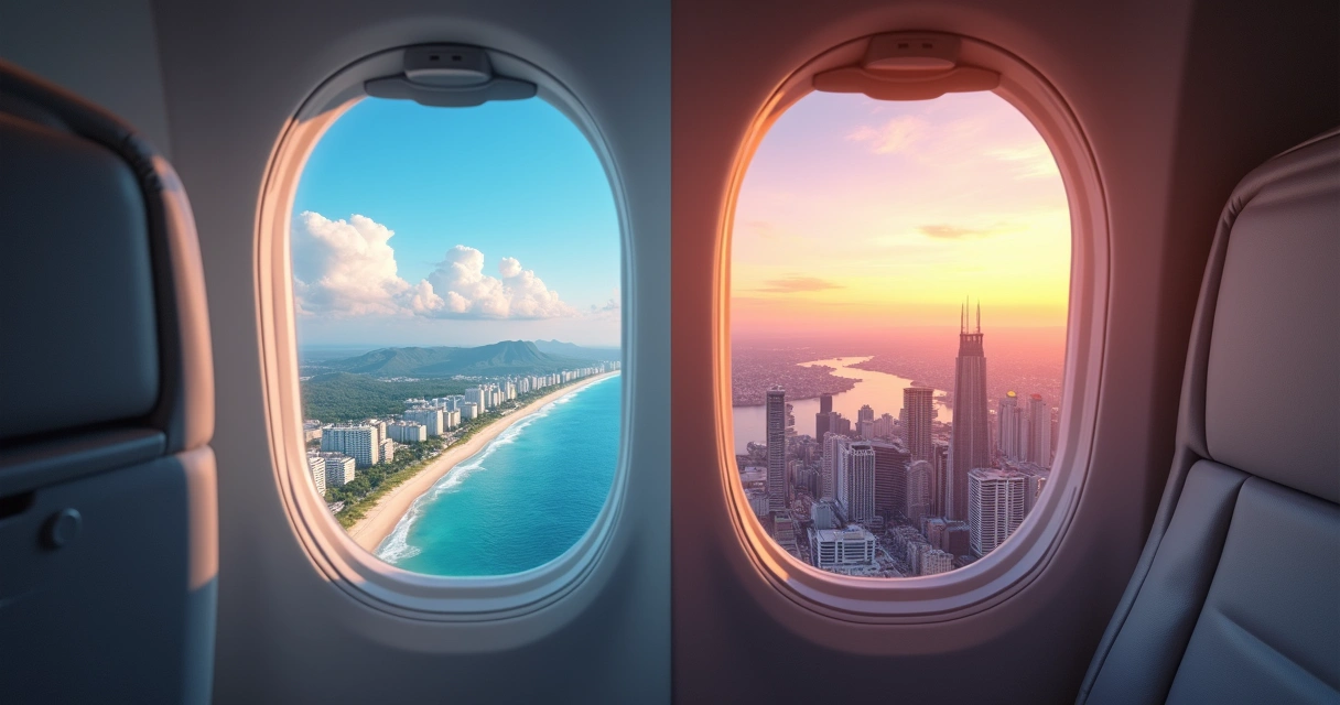 Janela de avião mostrando duas cidades brasileiras em conexão 