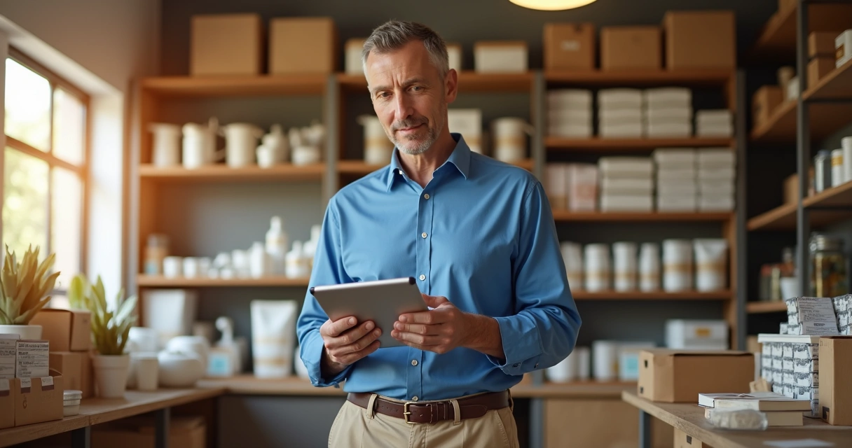 Store owner with tablet checking shelves 