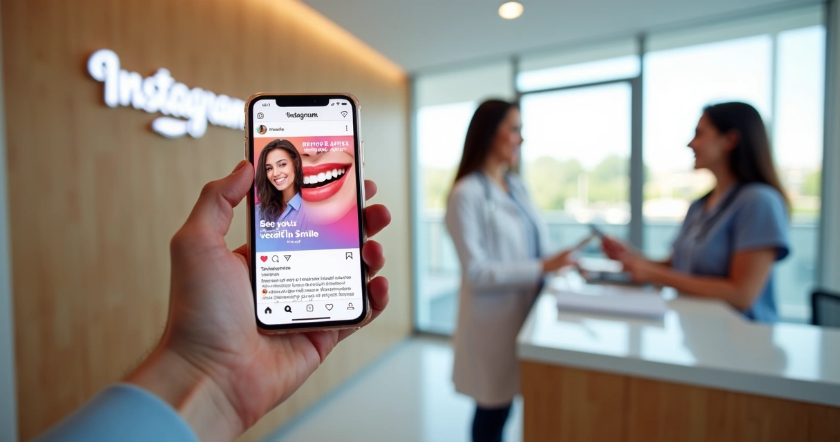 Dentista segurando celular com stories do Instagram mostrando clínica movimentada 