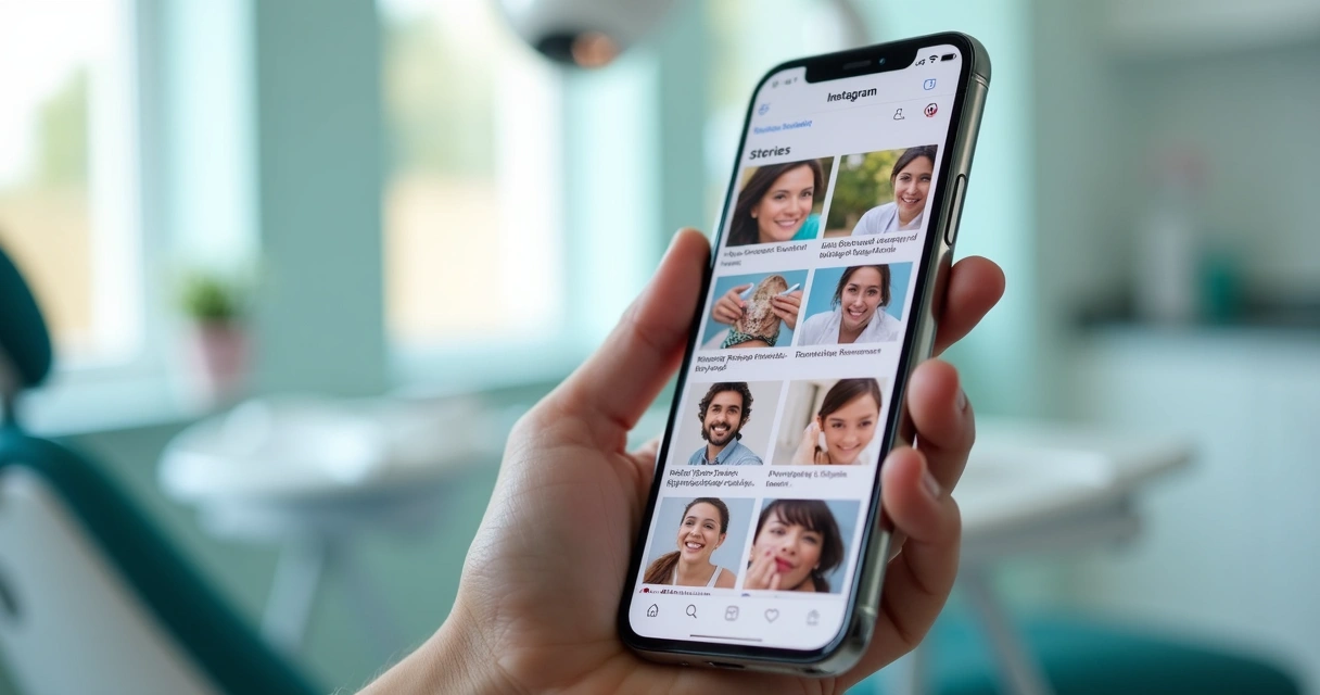 Celular mostrando tela do Instagram com stories variados para clínica odontológica em ambiente moderno e colorido 