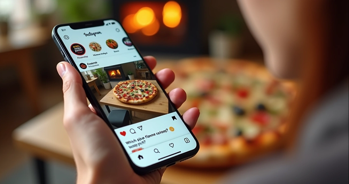 Exemplo de stories de delivery no Instagram, com promoções e enquete para seguidores