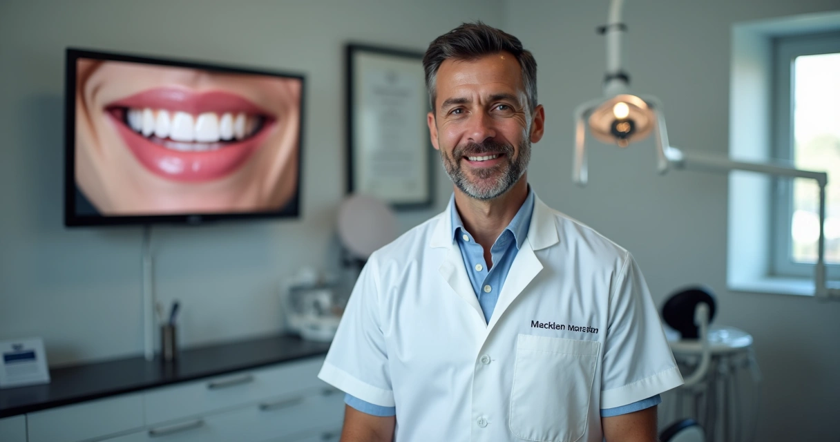 Dentista falando para a câmera em consultório moderno com antes e depois de paciente na tela ao lado