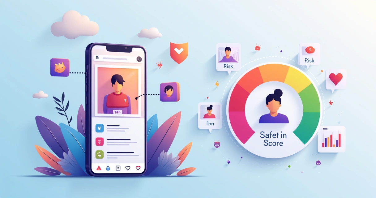 Ilustração de stories patrocinados com indicador de score de segurança 