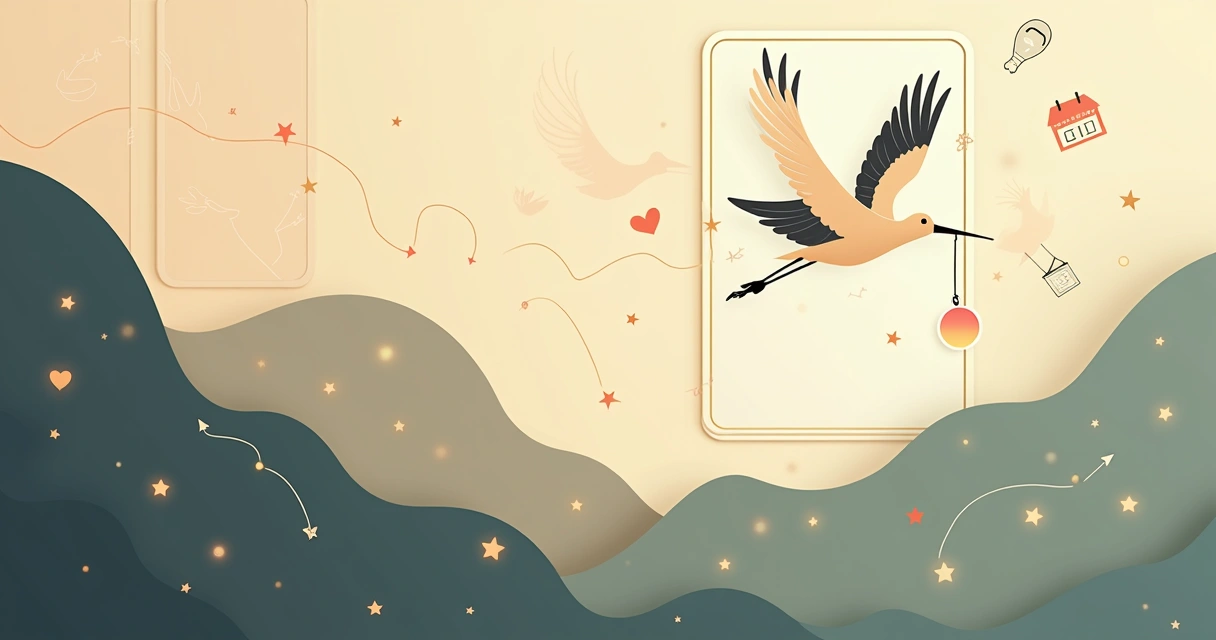 Corporate flat illustration of a Lenormand Stork card with symbols of change and family growth 