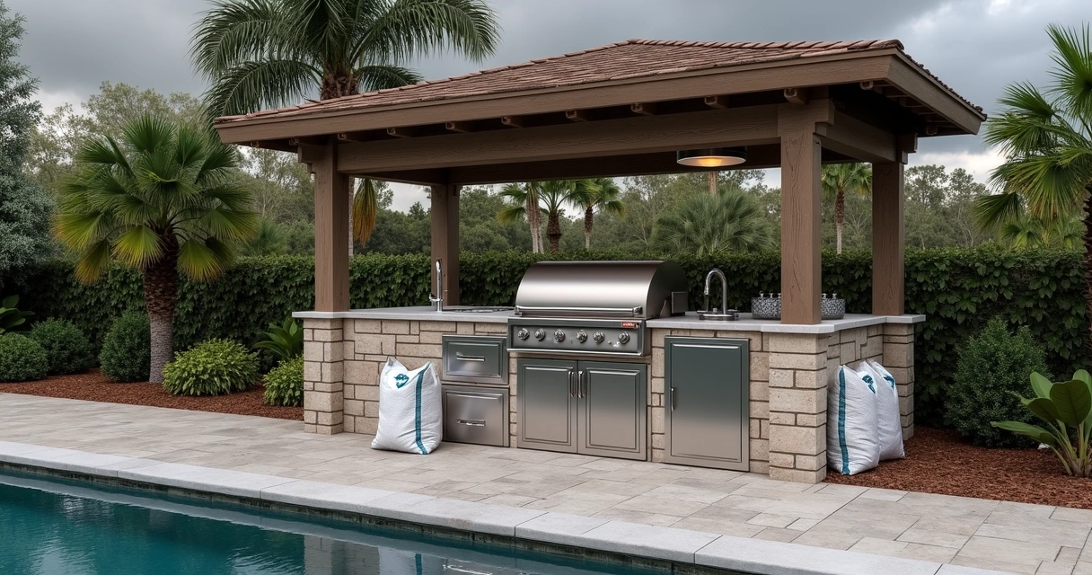 Outdoor kitchen in Florida with storm prep features 