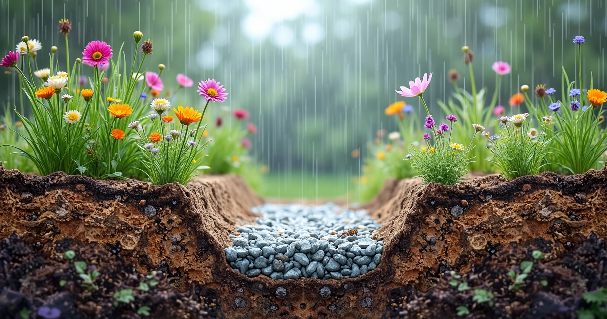 Close-up of rainwater filtering through soil layers under native plants. 