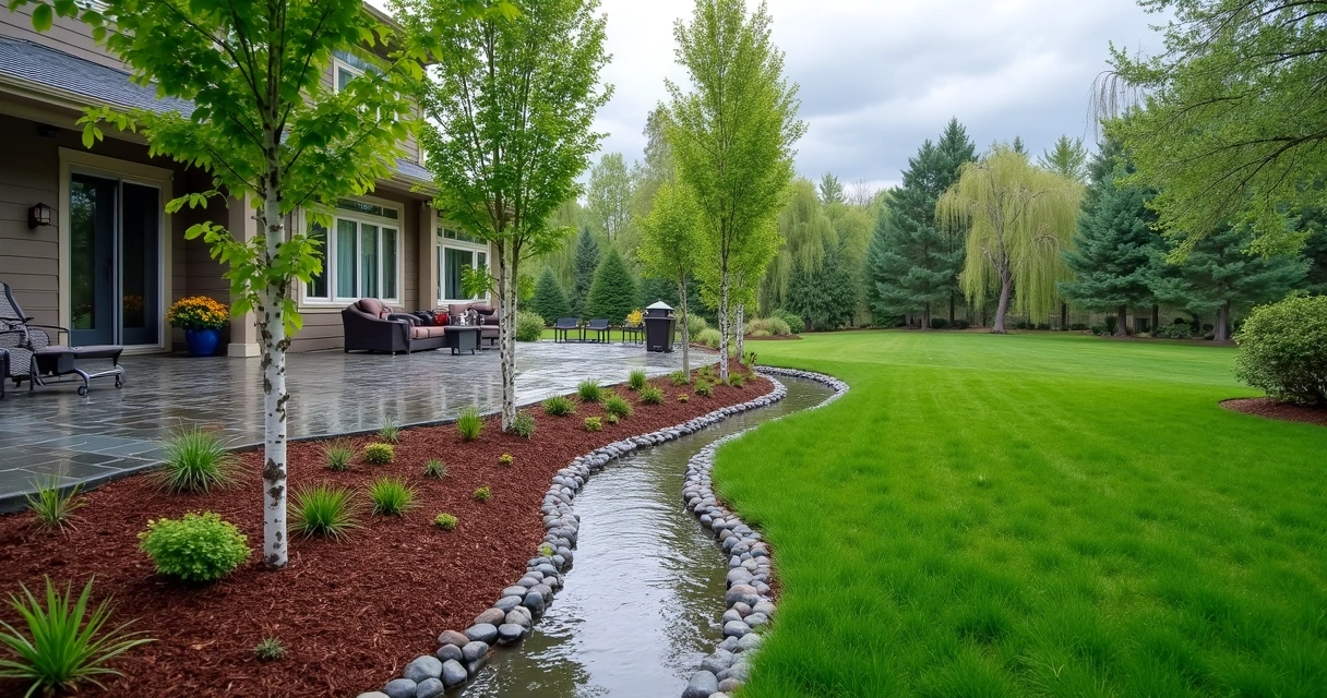 Stormwater trench with trees between patio and lawn. 