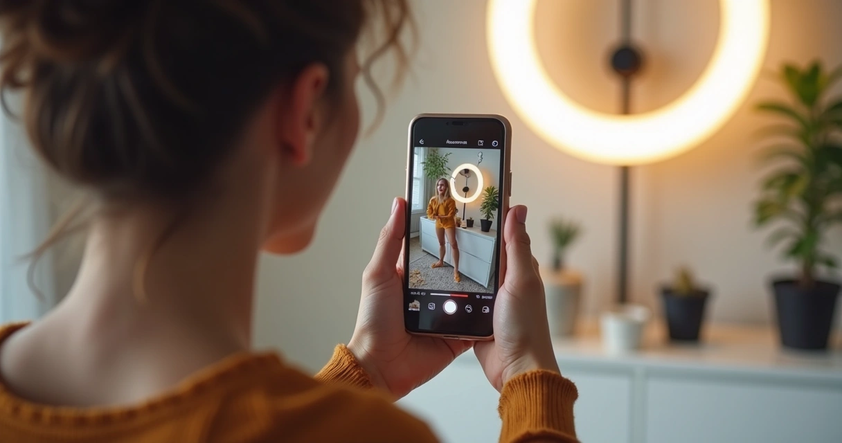 Influenciador digital gravando um story mostrando produto para seguidores em smartphone. 