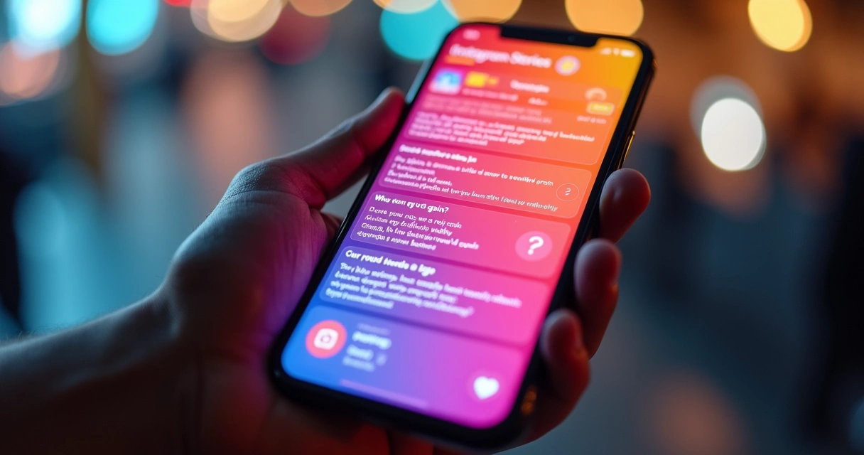 Celular com stories interativos do Instagram, mostrando enquetes e perguntas 