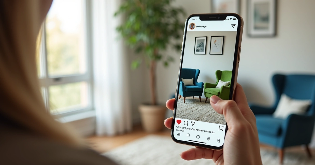 Enquete interativa nos Stories do Instagram sobre escolha de cores de poltrona 